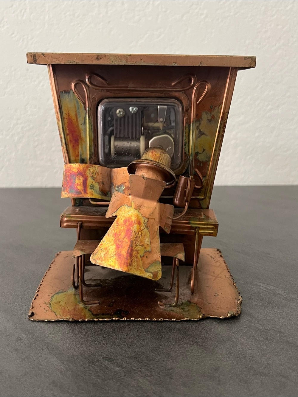 VTG Saloon Music‎ Box Piano Man Player Metal Copper Art Sculpture Wind Up WORKS!